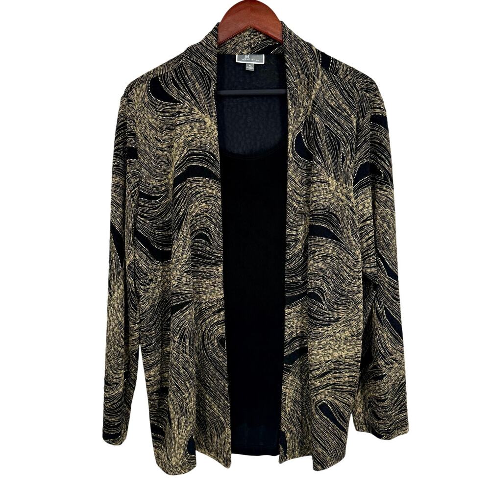 JM Collection Black and Gold Open-Front Patterned Cardigan